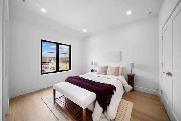 Bedroom, Interior, Recessed Lighting, Wood Texture Flooring