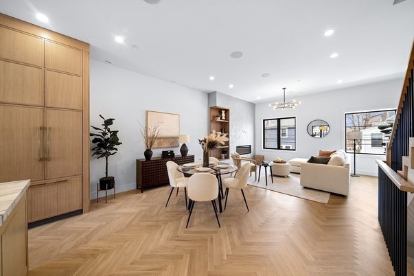 Dining room, Fireplace, Interior, Living room, Pendant Lights, Recessed Lighting, Wood Texture Flooring
