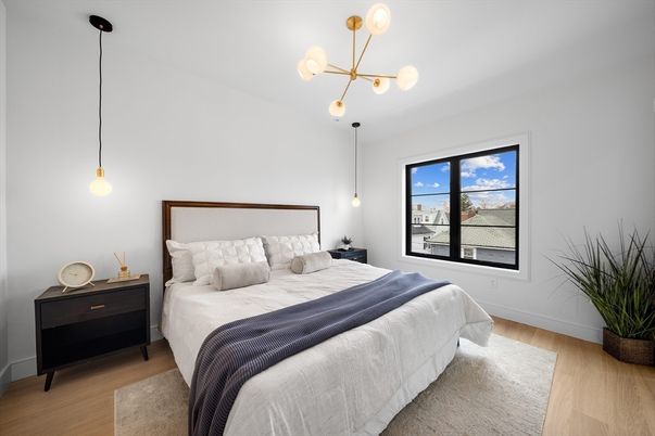 Bedroom, Interior, Pendant Lights, Wood Texture Flooring