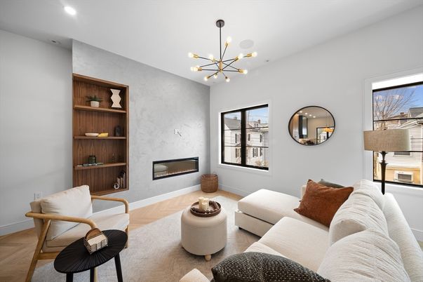 Fireplace, Interior, Living room, Pendant Lights, Recessed Lighting, Wood Texture Flooring
