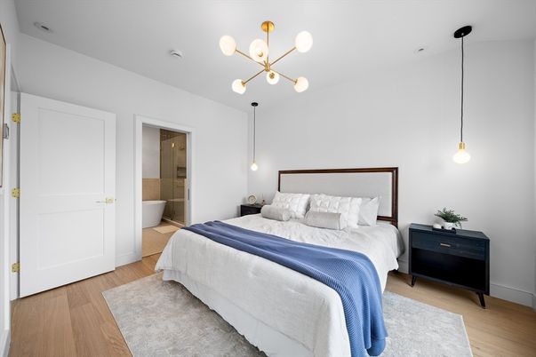 Bedroom, Interior, Pendant Lights, Wood Texture Flooring