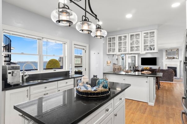 Fireplace, Interior, Kitchen, Pendant Lights, Recessed Lighting, Water, Wood Texture Flooring