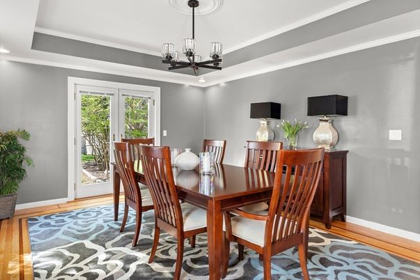 Chandelier, Dining room, Interior, Wood Texture Flooring
