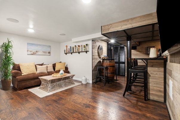 Interior, Living room, Recessed Lighting, Wood Texture Flooring, Wooden Walls
