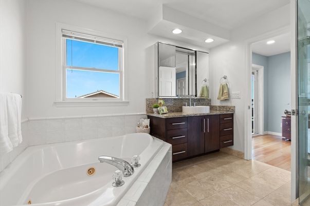 Bathroom, Dual Sink Vanities, Interior, Recessed Lighting, Wood Texture Flooring