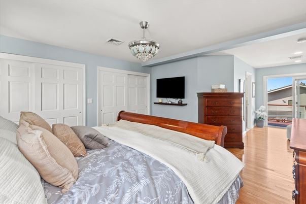 Bedroom, Chandelier, Interior, Recessed Lighting, Wood Texture Flooring