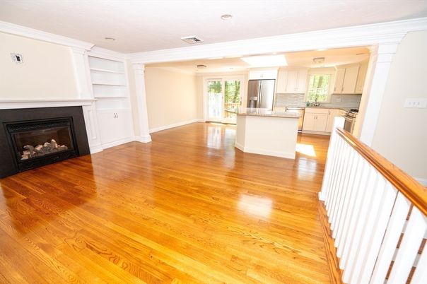 Empty room, Fireplace, Interior, Kitchen, Recessed Lighting, Wood Texture Flooring