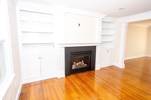 Empty room, Fireplace, Interior, Recessed Lighting, Wood Texture Flooring