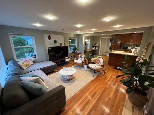 Interior, Kitchen, Living room, Recessed Lighting, Wood Texture Flooring