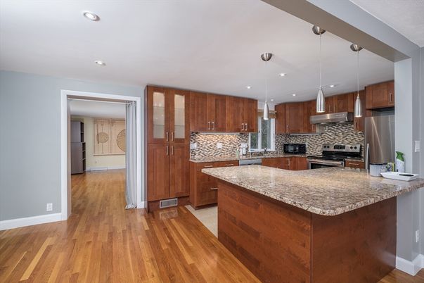 Interior, Kitchen, Pendant Lights, Recessed Lighting, Stainless Steel Appliances, Wood Texture Flooring