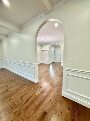 Chandelier, Empty room, Interior, Pendant Lights, Recessed Lighting, Wood Texture Flooring