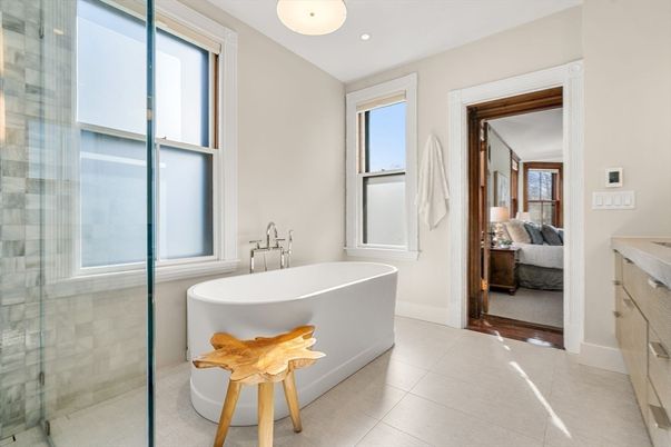 Bathroom, Free Standing Baths, Glass Shower, Interior, Recessed Lighting