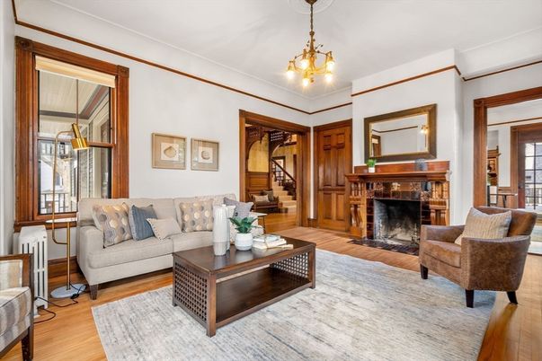 Chandelier, Fireplace, Interior, Living room, Pendant Lights, Wood Texture Flooring