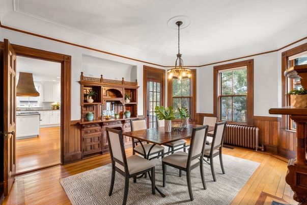 Dining room, Interior, Kitchen, Pendant Lights, Wood Texture Flooring