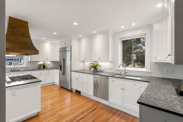 Interior, Kitchen, Recessed Lighting, Stainless Steel Appliances, Wood Texture Flooring