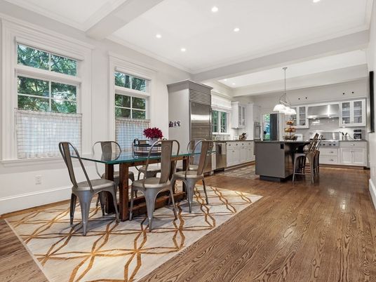 Dining room, Interior, Kitchen, Pendant Lights, Recessed Lighting, Stainless Steel Appliances, Wood Texture Flooring