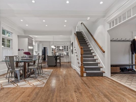 Dining room, Interior, Kitchen, Pendant Lights, Recessed Lighting, Stainless Steel Appliances, Wood Texture Flooring