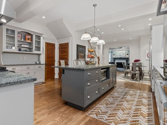 Dining room, Fireplace, Interior, Kitchen, Pendant Lights, Recessed Lighting, Wood Texture Flooring