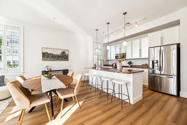 Dining room, Interior, Kitchen, Pendant Lights, Stainless Steel Appliances, Wood Texture Flooring