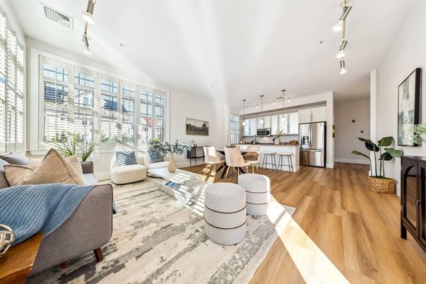 Dining room, Interior, Kitchen, Living room, Pendant Lights, Stainless Steel Appliances, Wood Texture Flooring