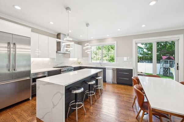 Interior, Kitchen, Pendant Lights, Recessed Lighting, Stainless Steel Appliances, Wood Texture Flooring