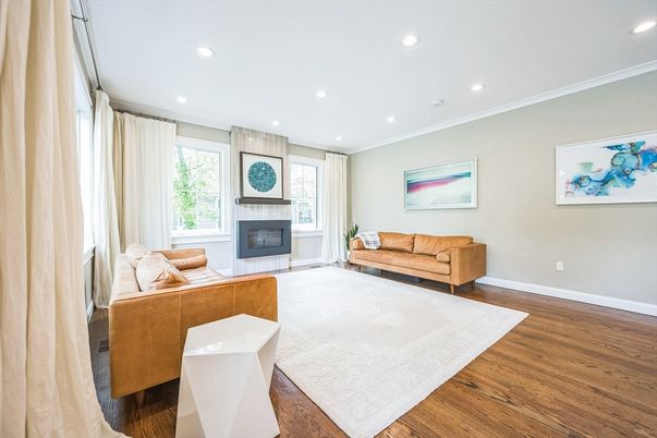 Fireplace, Interior, Living room, Recessed Lighting, Wood Texture Flooring