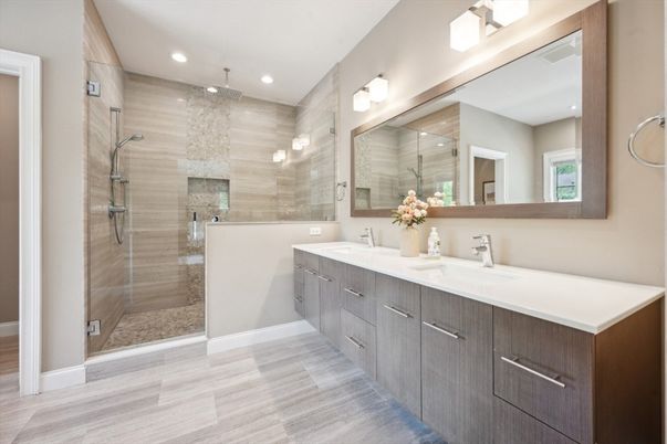 Bathroom, Dual Sink Vanities, Glass Shower, Interior, Recessed Lighting