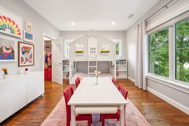 Dining room, Interior, Recessed Lighting, Wood Texture Flooring