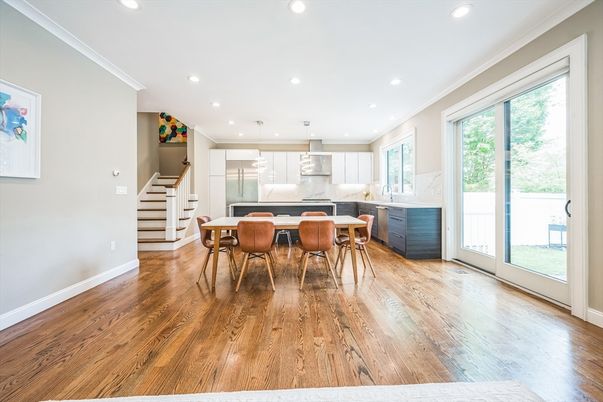Dining room, Interior, Kitchen, Pendant Lights, Recessed Lighting, Stainless Steel Appliances, Wood Texture Flooring