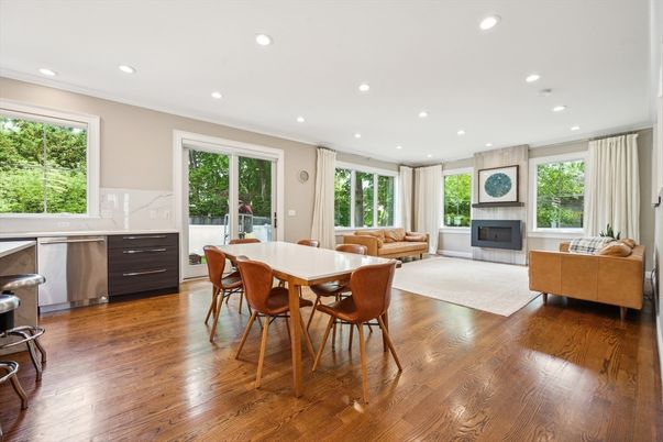 Dining room, Fireplace, Interior, Kitchen, Living room, Recessed Lighting, Wood Texture Flooring
