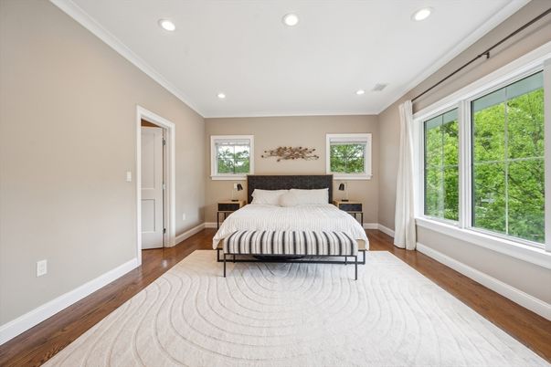 Bedroom, Interior, Recessed Lighting, Wood Texture Flooring