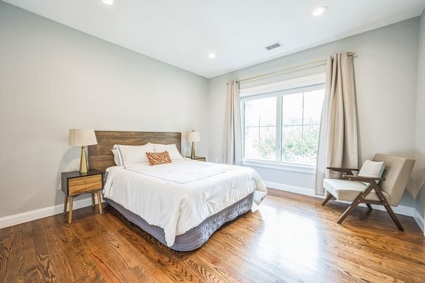 Bedroom, Interior, Recessed Lighting, Wood Texture Flooring