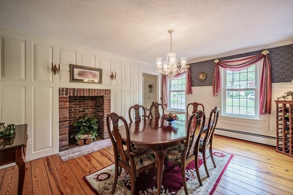 Chandelier, Dining room, Fireplace, Interior, Stone Walls, Wood Texture Flooring