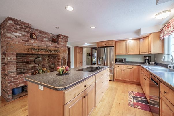 Interior, Kitchen, Recessed Lighting, Stainless Steel Appliances, Stone Walls, Wood Texture Flooring