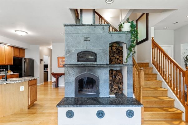 Fireplace, Interior, Recessed Lighting, Wood Texture Flooring