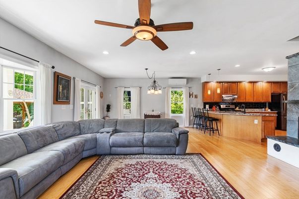 Dining room, Interior, Kitchen, Living room, Pendant Lights, Recessed Lighting, Stainless Steel Appliances, Wood Texture Flooring