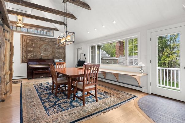 Dining room, Interior, Pendant Lights, Piano, Recessed Lighting, Wooden Beams, Wood Texture Flooring