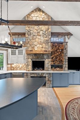 Fireplace, Interior, Kitchen, Pendant Lights, Recessed Lighting, Stone Walls, Wooden Beams