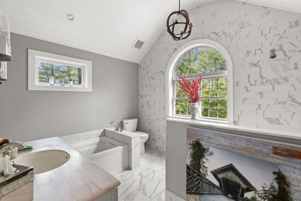Bathroom, Dual Sink Vanities, Interior, Marble, Marble Walls, Pendant Lights