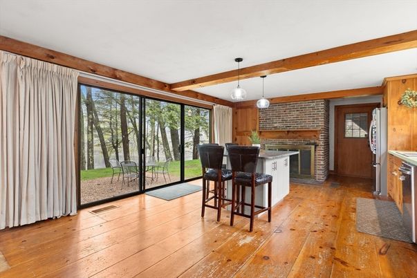 Fireplace, Interior, Kitchen, Pendant Lights, Stone Walls, Wooden Beams, Wood Texture Flooring