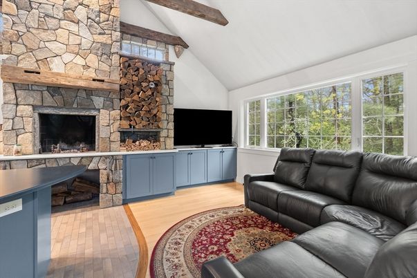 Fireplace, Interior, Living room, Stone Walls, Wooden Beams, Wood Texture Flooring