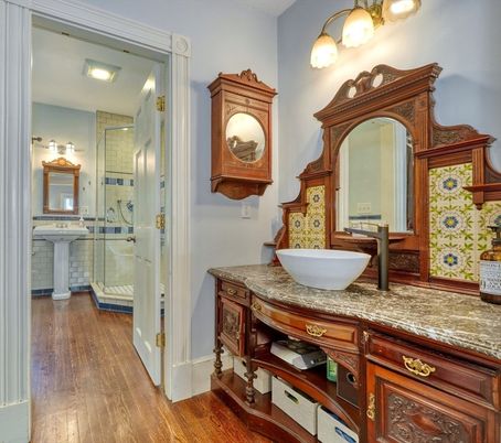 Bathroom, Glass Shower, Interior, Wood Texture Flooring