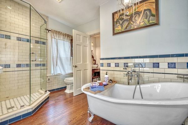 Bathroom, Free Standing Baths, Glass Shower, Interior, Wood Texture Flooring