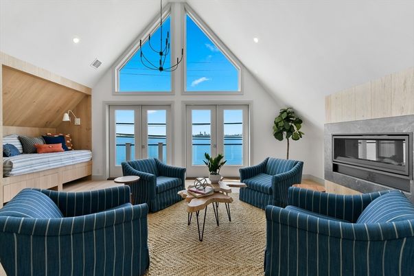 Bedroom, Fireplace, Interior, Living room, Recessed Lighting, Water, Wooden Walls