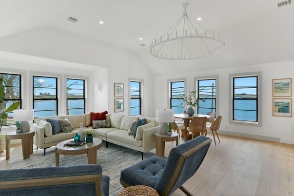 Dining room, Interior, Living room, Pendant Lights, Recessed Lighting, Water, Wood Texture Flooring