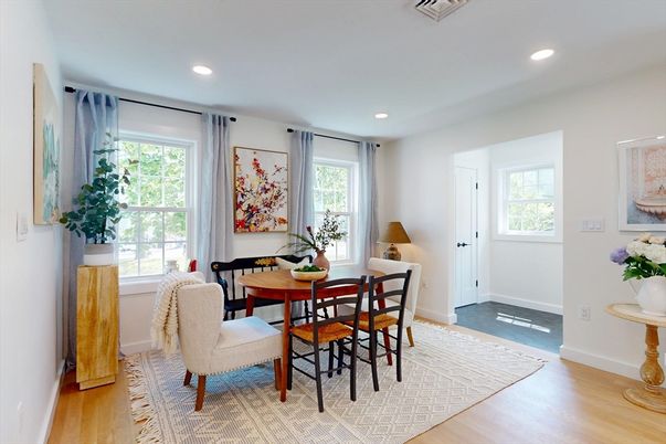 Dining room, Interior, Recessed Lighting, Wood Texture Flooring