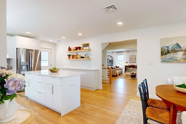Dining room, Interior, Kitchen, Living room, Recessed Lighting, Stainless Steel Appliances, Wood Texture Flooring