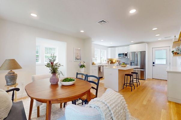 Dining room, Interior, Kitchen, Recessed Lighting, Stainless Steel Appliances, Wood Texture Flooring