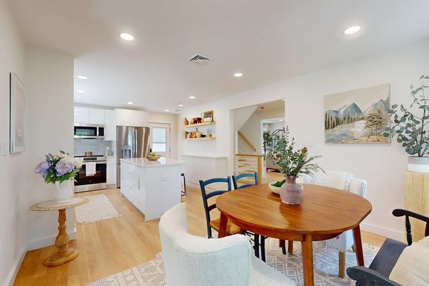 Dining room, Interior, Kitchen, Recessed Lighting, Stainless Steel Appliances, Wood Texture Flooring