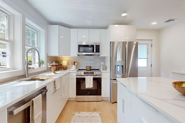Interior, Kitchen, Recessed Lighting, Stainless Steel Appliances, Wood Texture Flooring